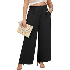 Plus Size Wide Leg Palazzo Pants Elastic Waist Loose Work Trousers Pockets